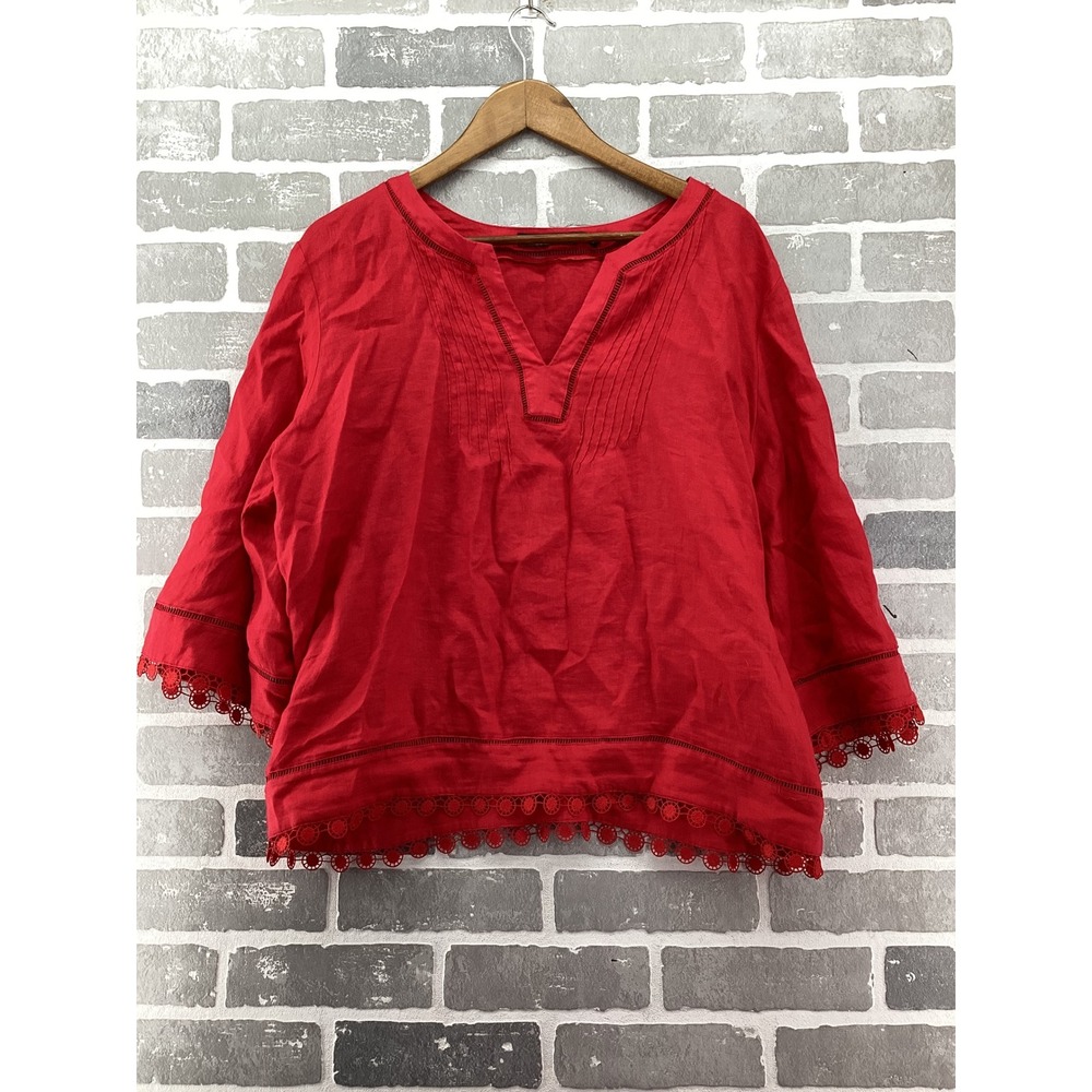 Lauren Ralph Lauren Red Linen Crochet Trim Blouse Split V-Neck XL